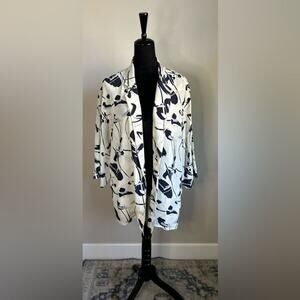 BASILE Silk Abstract Print Open Front Kimono Jacket in White One Size